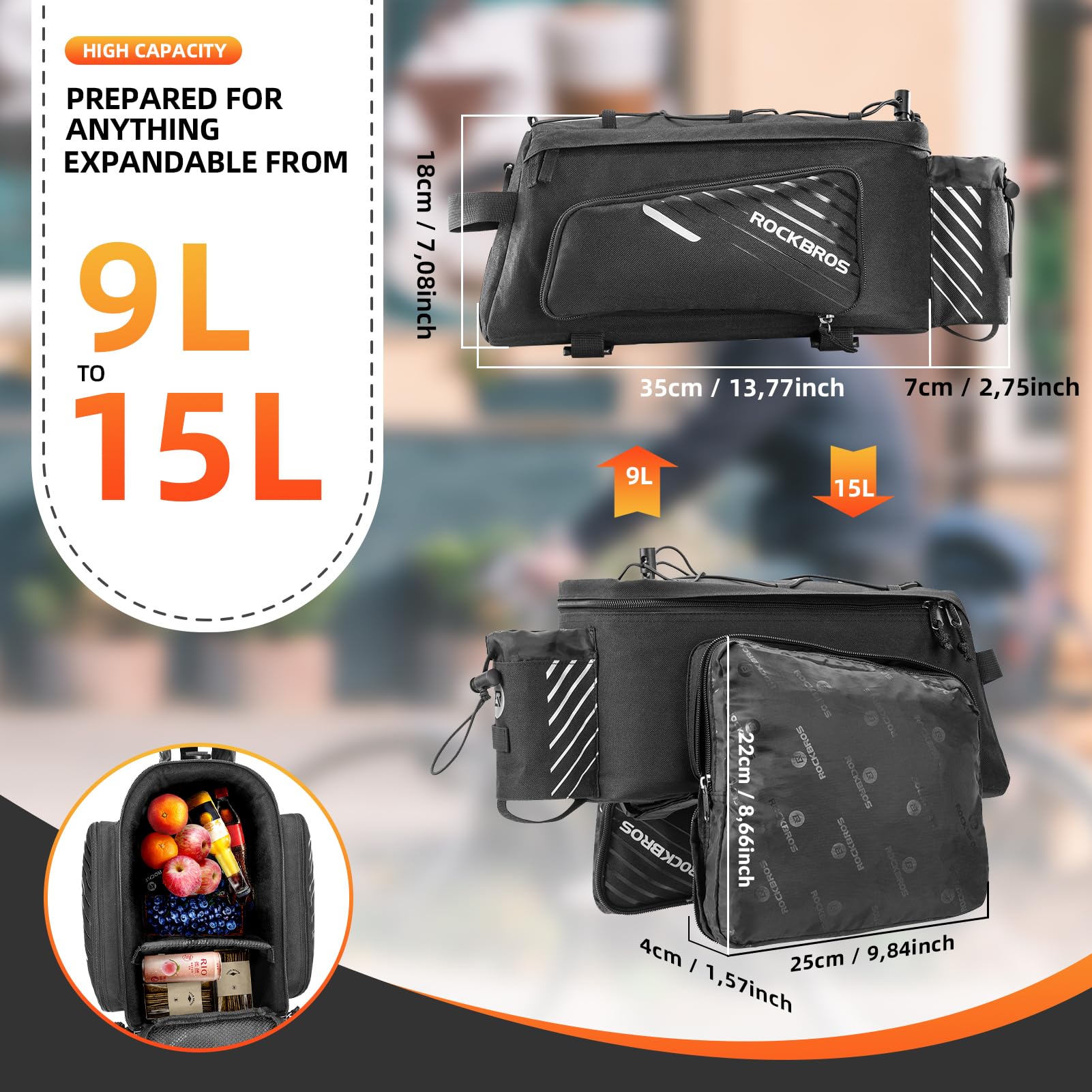 ROCKBROS 15L Bike Rear Rack Bag Shoulder Pannier Trunk Bag with Rain Cover