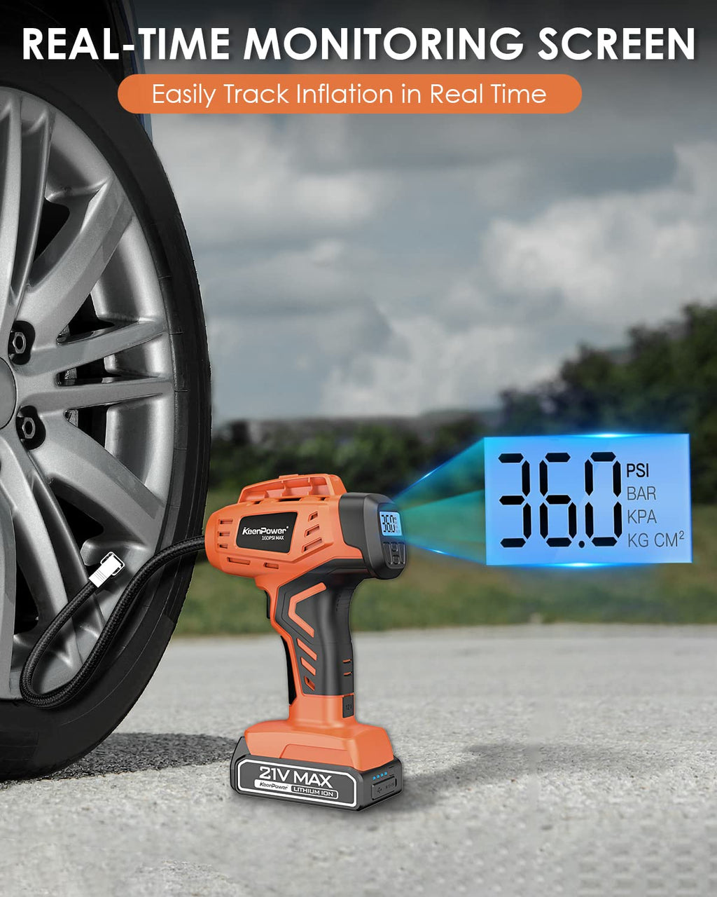KeenPower Tire Inflator Portable Air Compressor - 2X Faster - 21V Rechargeable Battery Powered Handheld 160PSI Tire Inflator, Dual Power Supply Modes, Portable Air Pump for Car Motorcycle E-Bike