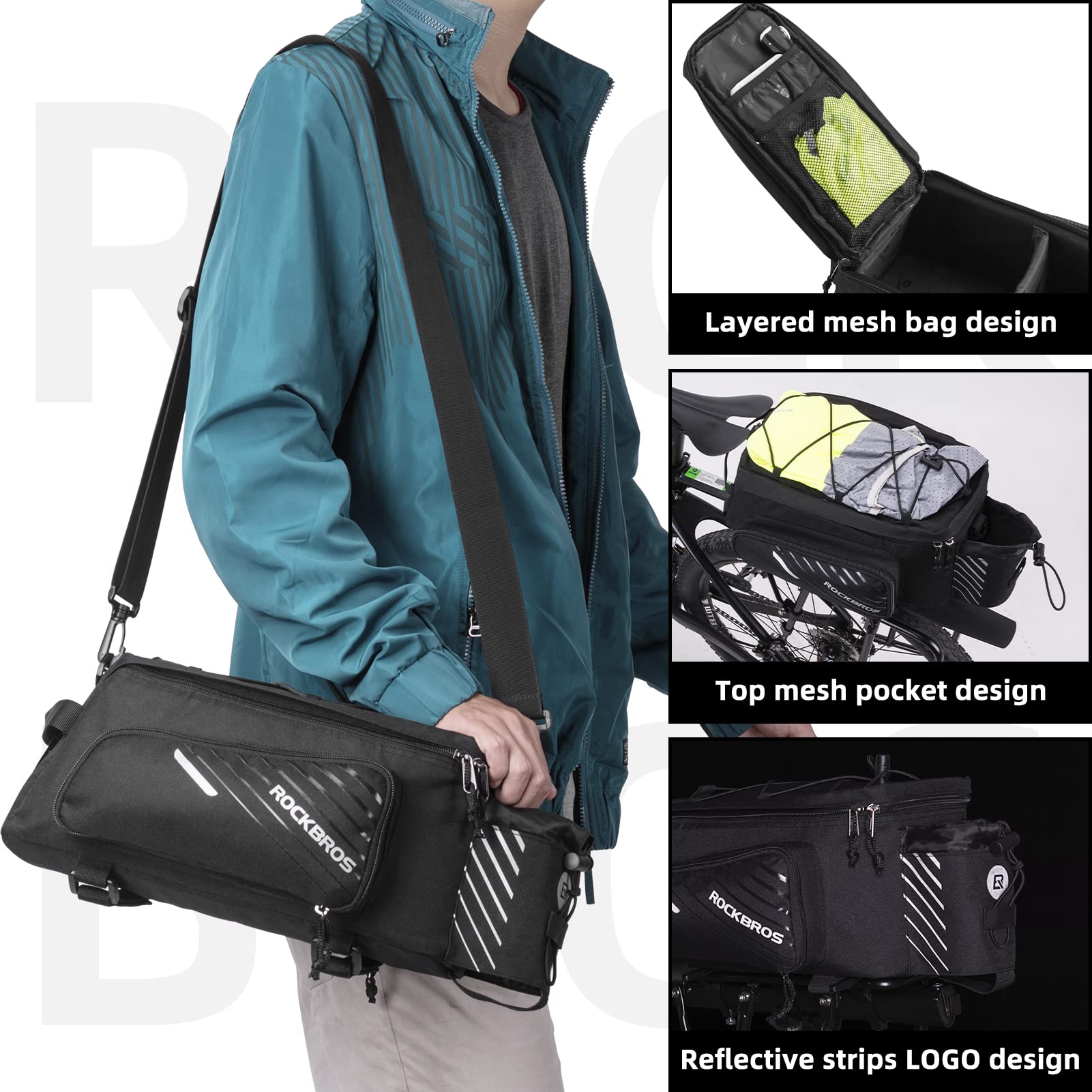 ROCKBROS 15L Bike Rear Rack Bag Shoulder Pannier Trunk Bag with Rain Cover