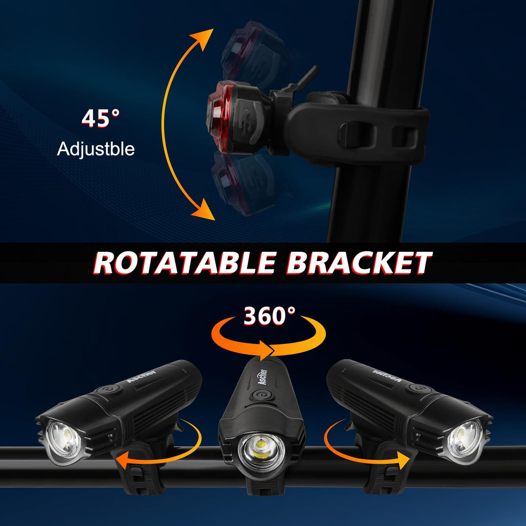 Ascher Ultra Bright USB Rechargeable Bike Light Set, Powerful Bicycle Front Headlight and Back Taillight, 4 Light Modes, Easy to Install for Men Women Kids Road Mountain Cycling