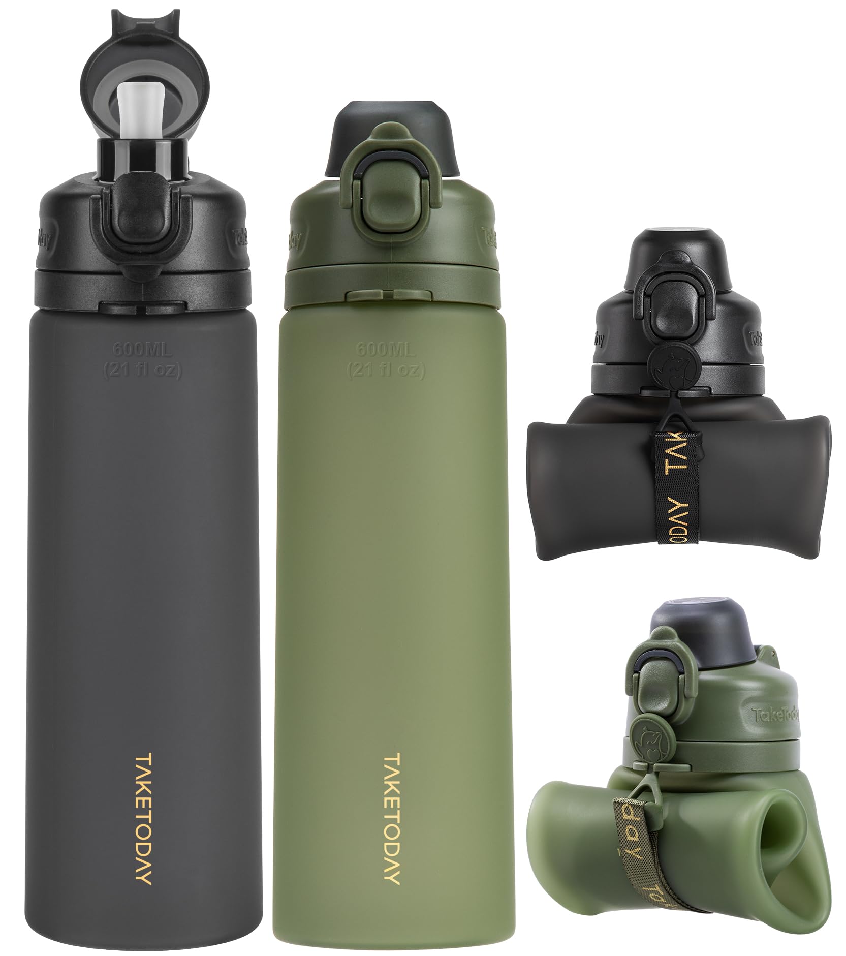 TakeToday Collapsible Water Bottles 21oz (600mL), Foldable Platinum Silicone Travel Water Bottle with Straw & Carry Strap, Leak-Resistant Screw Lid, Wide Mouth, BPA-Free for Hiking, Camping, Travel