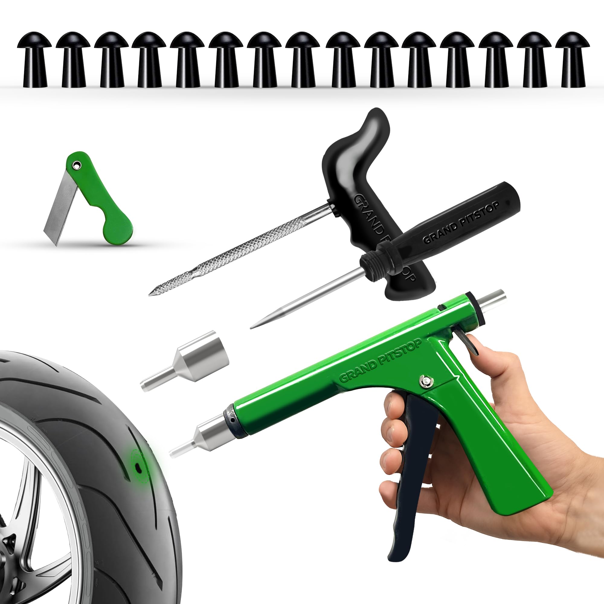 GRAND PITSTOP Tubeless Tire Gun Puncture Repair Kit with Mushroom Plug for Tyre Punctures and Flats on Cars, Motorcycles, ATV, Trucks & Tractors