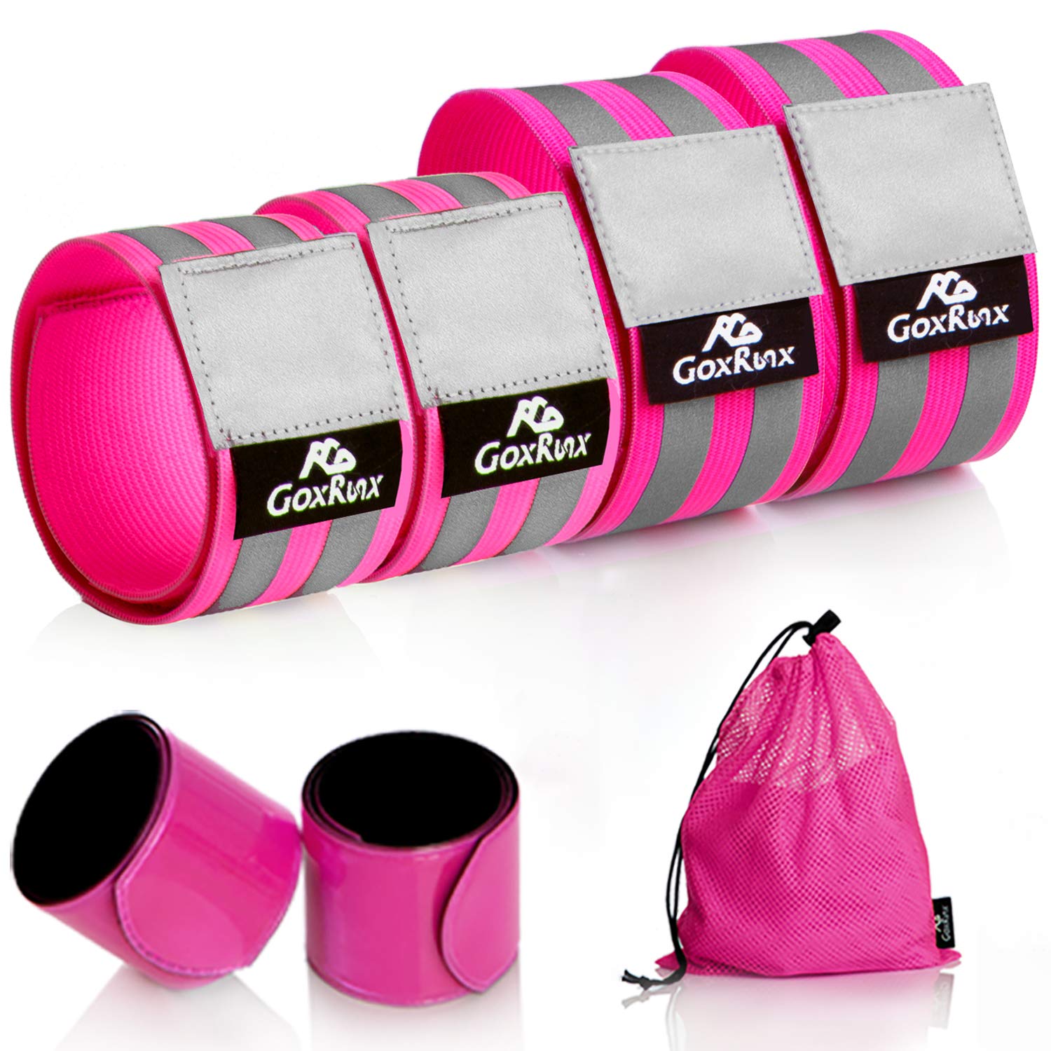 GoxRunx Reflective Bands Running Gear 6 Pack-Adjustable Reflective Armband Arm Wrist Ankle Leg Bands Reflectors -Reflective Tape Straps for Clothing Night Running Cycling Walking -Slap Bracelets
