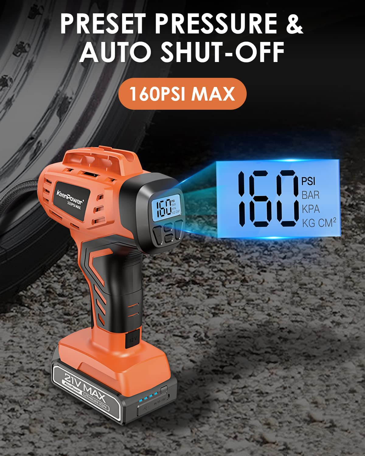 KeenPower Tire Inflator Portable Air Compressor - 2X Faster - 21V Rechargeable Battery Powered Handheld 160PSI Tire Inflator, Dual Power Supply Modes, Portable Air Pump for Car Motorcycle E-Bike