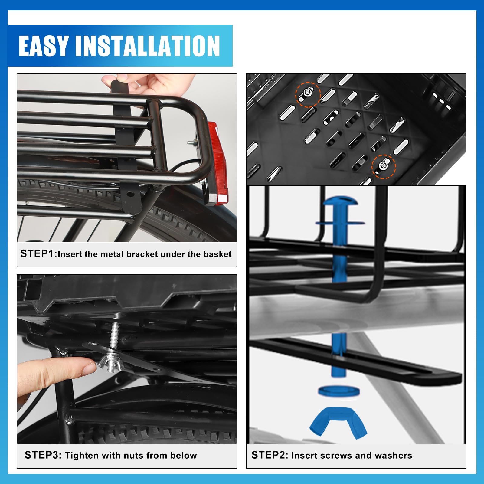 YEEGO DIRECT Bike Basket Rear,Foldable Bike Cargo Basket, Plastic Collapsible Basket for Bicycle, Rear Bike Baskets Storage Bike Milk Crate Rear Rack,Waterproof Cover for Outings,Pets E-Bike