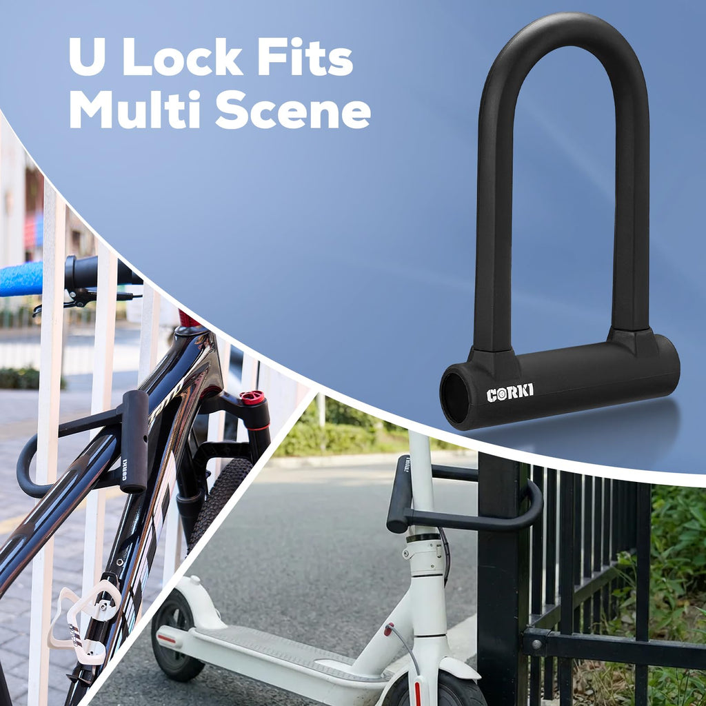 Corki Bike Lock Heavy Duty Anti Theft U Lock with 5ft Security Cable and Keys 17mm Schackle Electric Scooter Lock, Bicycle Lock with Mounting Bracket for Ebike Motorcycle -Black