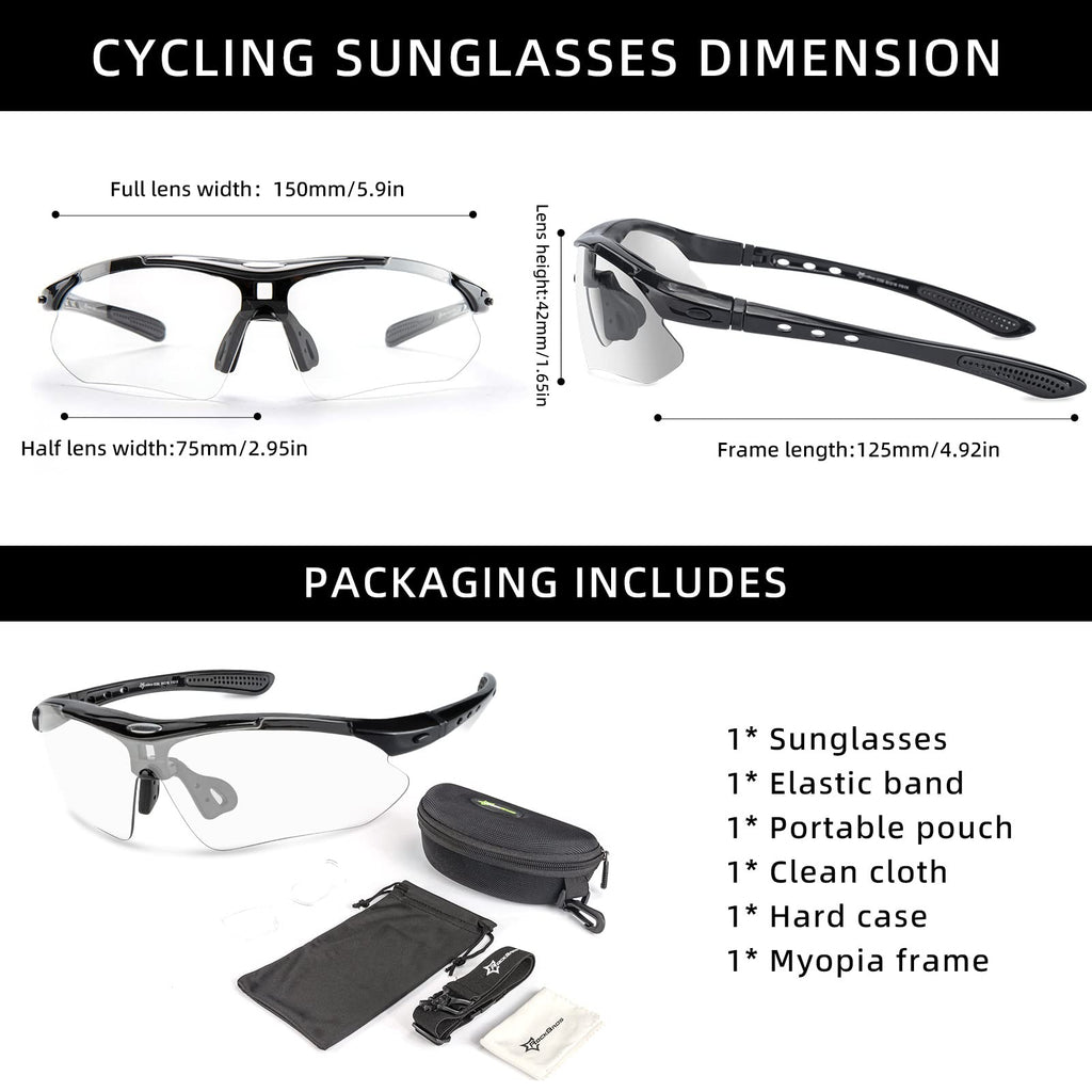 ROCKBROS Photochromic Sports Sunglasses Mens Cycling Pickleball Glasses