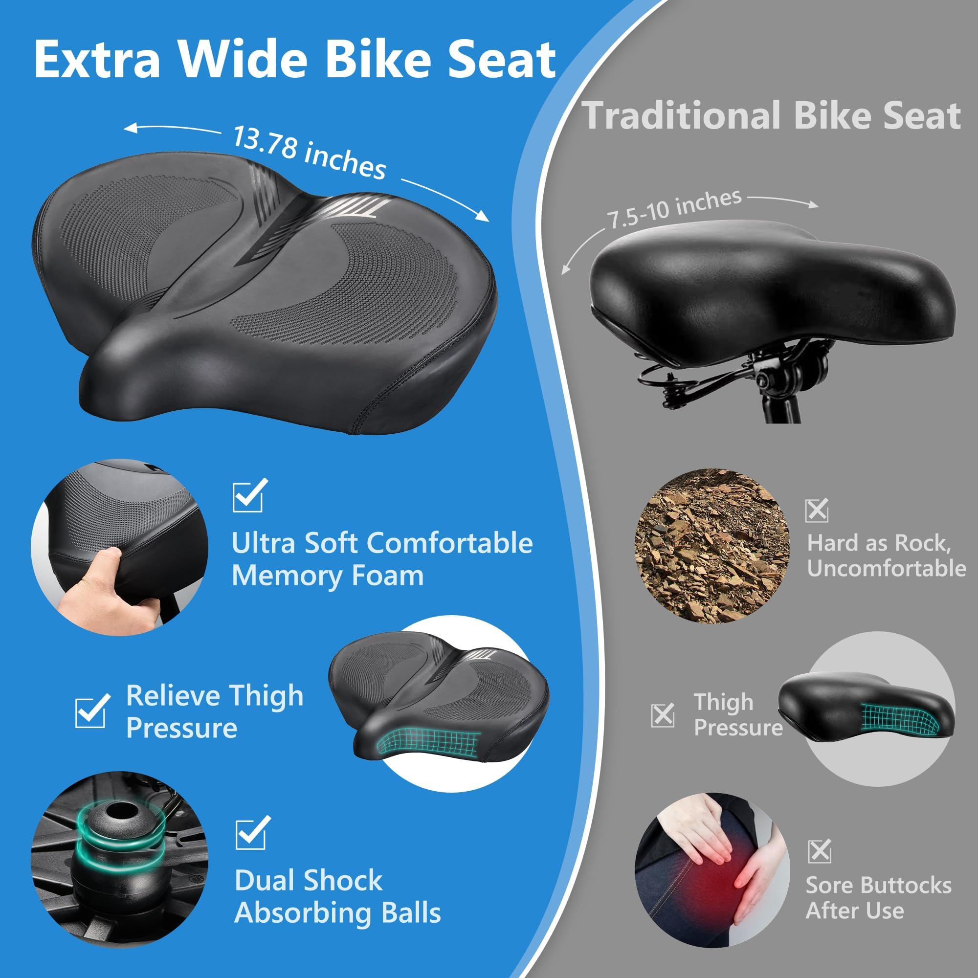 DAWAY C40 Ultra Comfortable Oversized Bike Seat - Memory Foam Padded, Extra Wide Bicycle Saddle, Ergonomic Replacement Cushion for Men Women - Fits for Peloton, Cruiser, Mountain, Road, Exercise Bikes