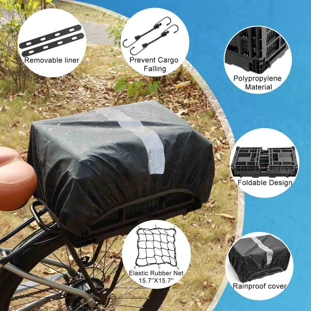YEEGO DIRECT Bike Basket Rear,Foldable Bike Cargo Basket, Plastic Collapsible Basket for Bicycle, Rear Bike Baskets Storage Bike Milk Crate Rear Rack,Waterproof Cover for Outings,Pets E-Bike