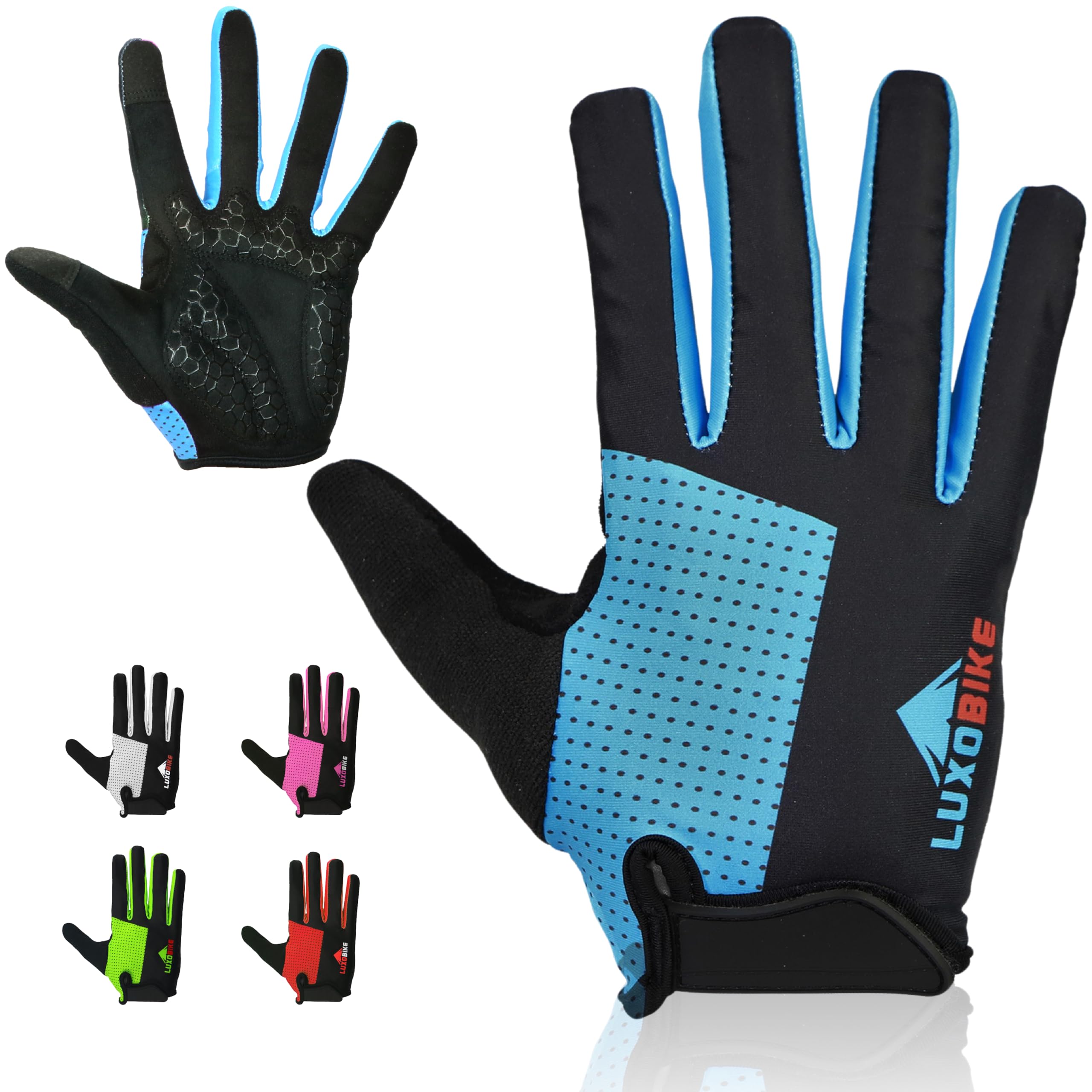 LuxoBike Bike Gloves for Men Women with Anti-Slip Shock-Absorbing Riding Pad, Light Weight Full Finger Cycling Gloves Touch Screen Breathable Mountain Biking Road Bicycle