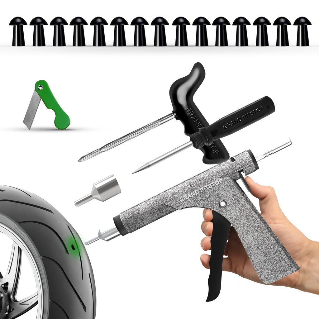 GRAND PITSTOP Tubeless Tire Gun Puncture Repair Kit with Mushroom Plug for Tyre Punctures and Flats on Cars, Motorcycles, ATV, Trucks & Tractors