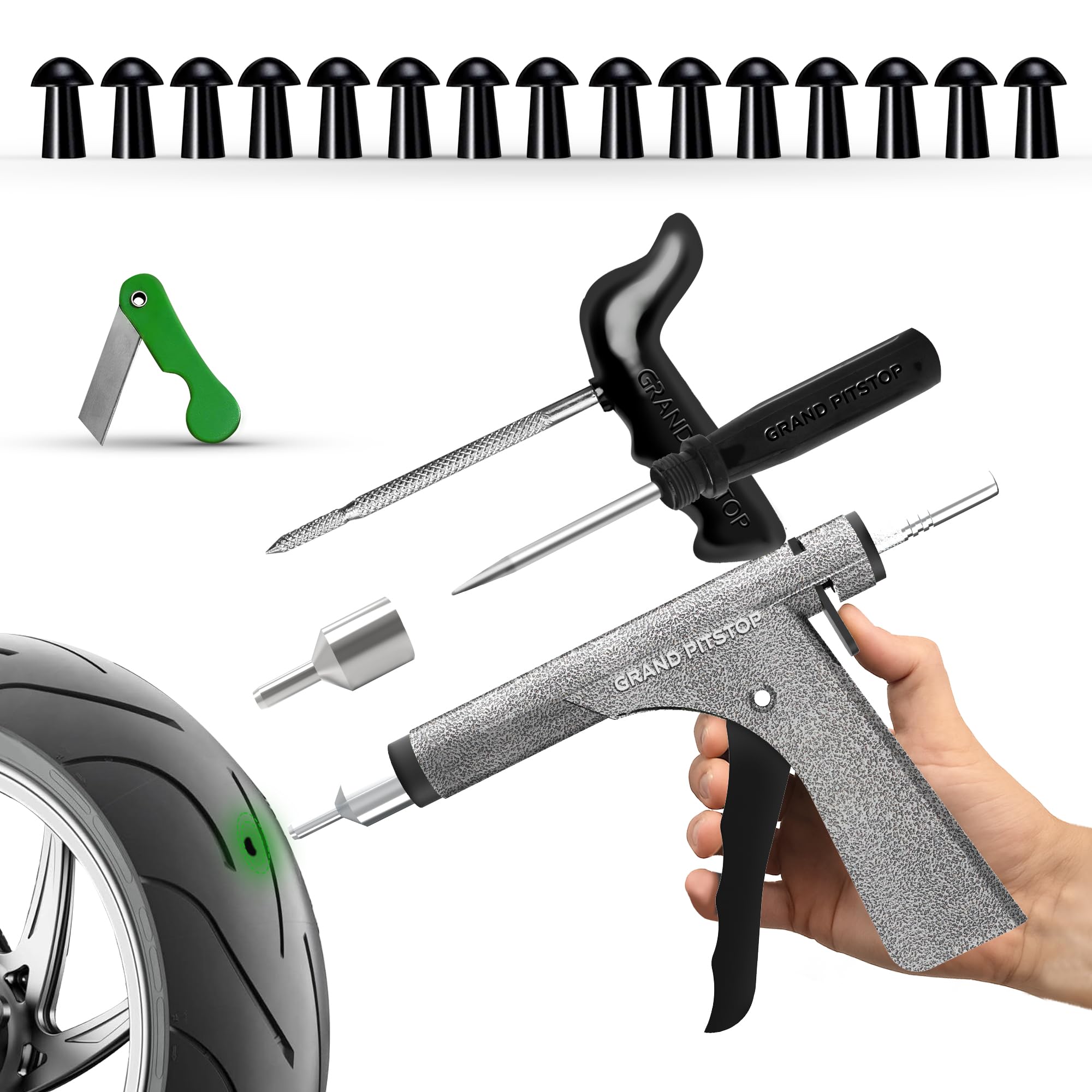GRAND PITSTOP Tubeless Tire Gun Puncture Repair Kit with Mushroom Plug for Tyre Punctures and Flats on Cars, Motorcycles, ATV, Trucks & Tractors