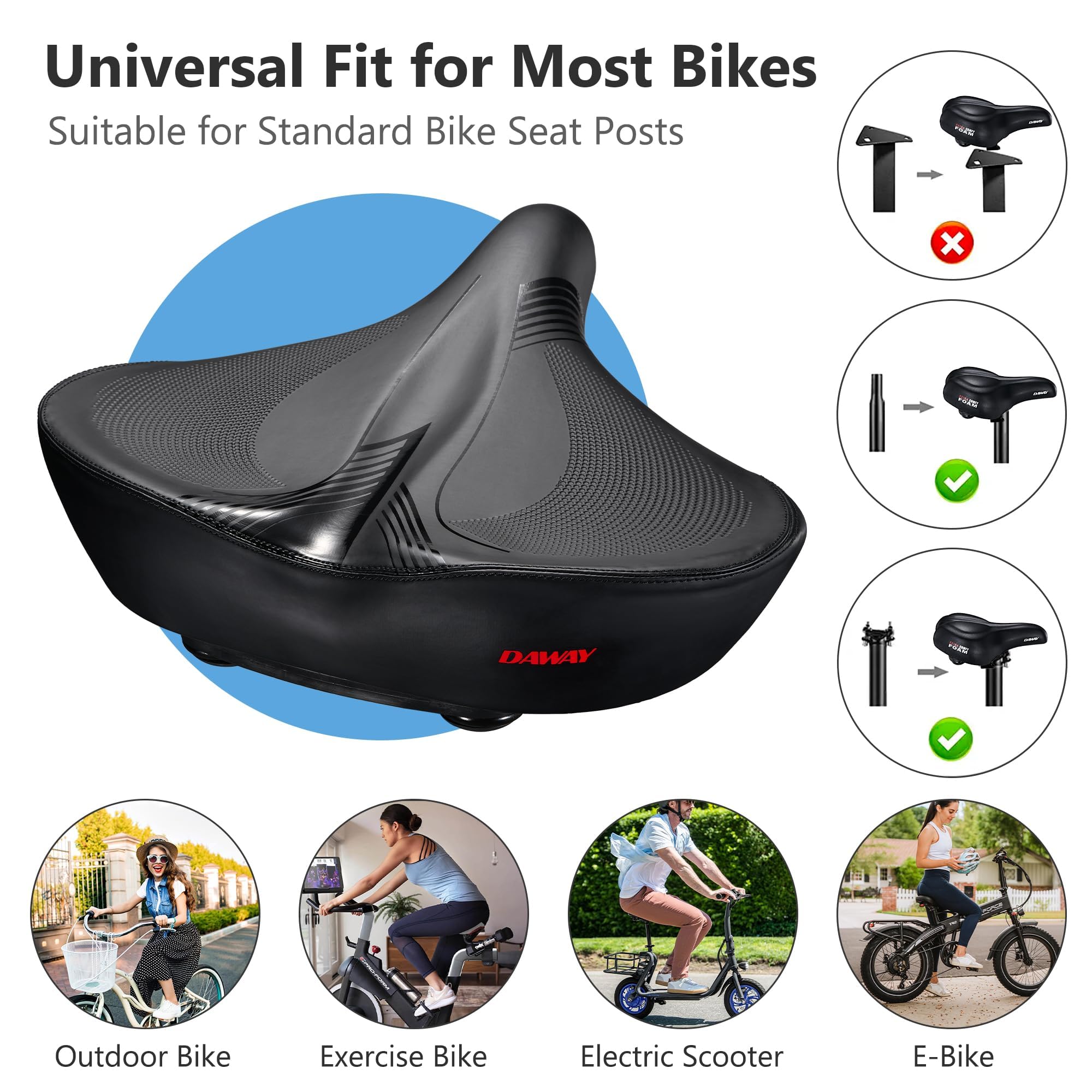 DAWAY C40 Ultra Comfortable Oversized Bike Seat - Memory Foam Padded, Extra Wide Bicycle Saddle, Ergonomic Replacement Cushion for Men Women - Fits for Peloton, Cruiser, Mountain, Road, Exercise Bikes