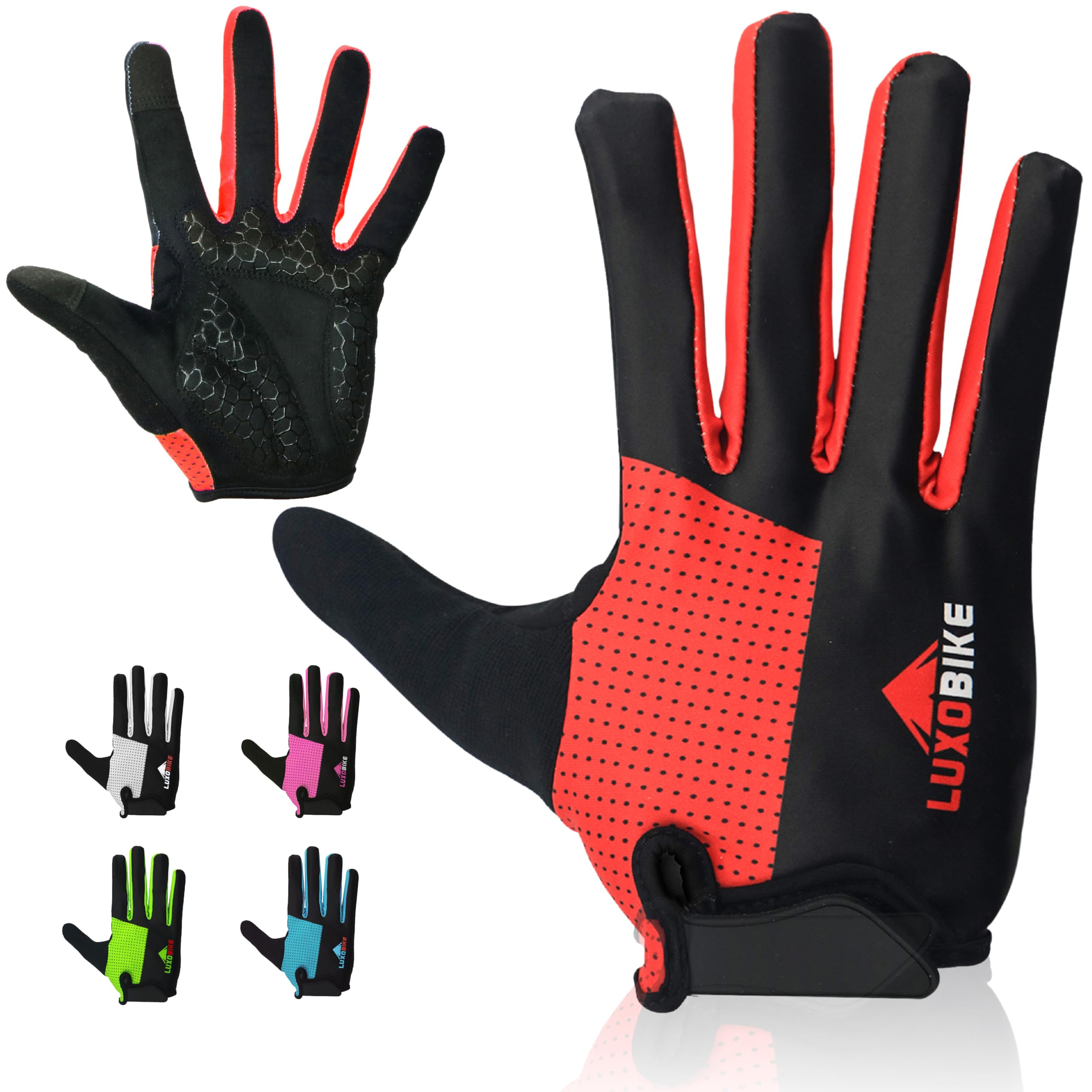 LuxoBike Bike Gloves for Men Women with Anti-Slip Shock-Absorbing Riding Pad, Light Weight Full Finger Cycling Gloves Touch Screen Breathable Mountain Biking Road Bicycle