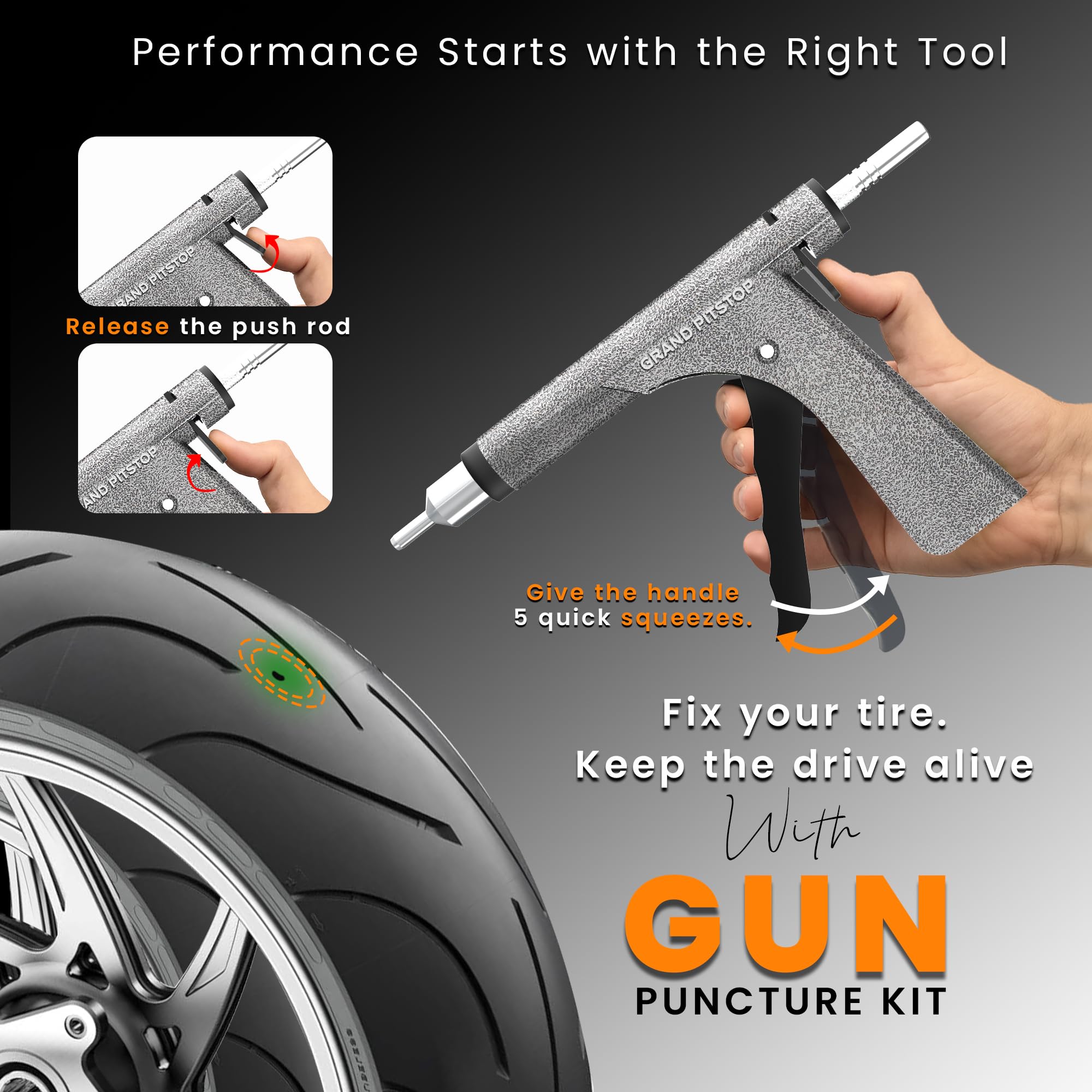 GRAND PITSTOP Tubeless Tire Gun Puncture Repair Kit with Mushroom Plug for Tyre Punctures and Flats on Cars, Motorcycles, ATV, Trucks & Tractors