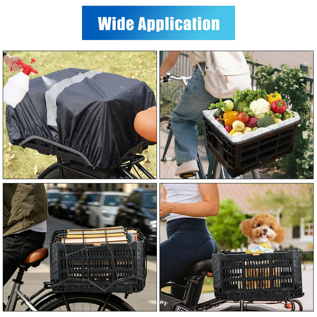 YEEGO DIRECT Bike Basket Rear,Foldable Bike Cargo Basket, Plastic Collapsible Basket for Bicycle, Rear Bike Baskets Storage Bike Milk Crate Rear Rack,Waterproof Cover for Outings,Pets E-Bike