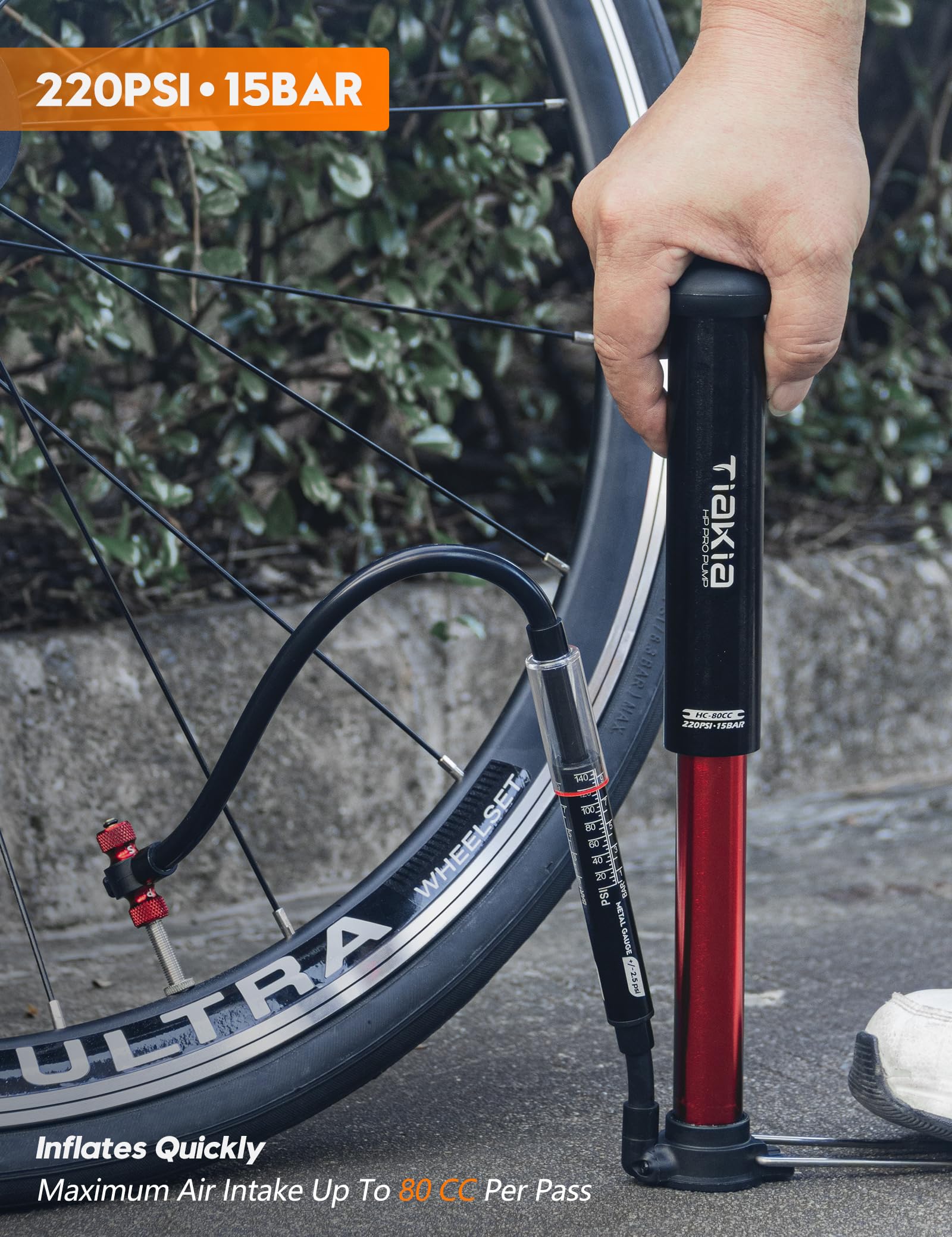 Tiakia Bike Pump with Gauge, High Pressure Bicycle Pump High Volume Portable Hand Air Pump Fit Presta, Schrader Valves Aluminum Bike Tire Pump for Mountain Road Bike, Strollers, Balls