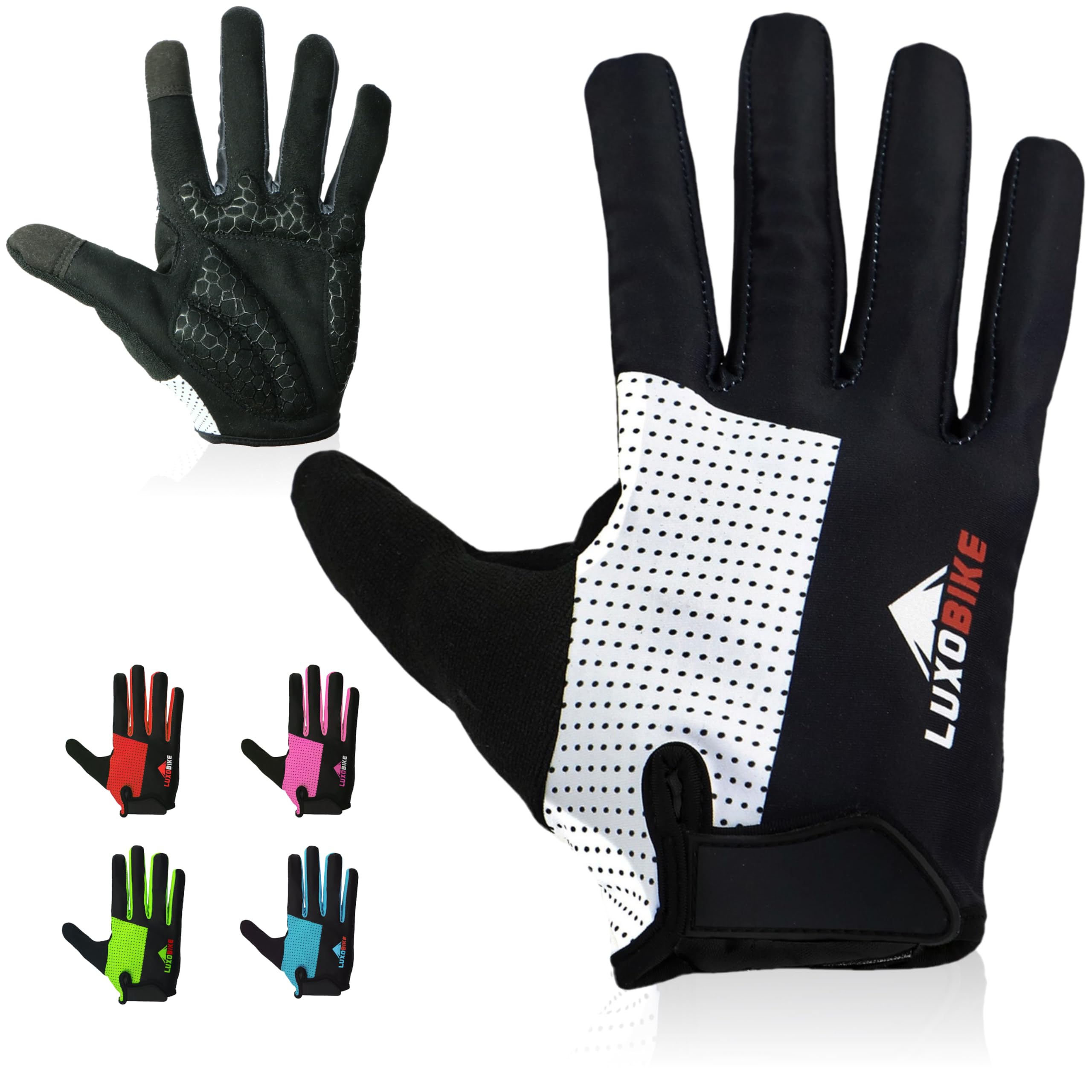 LuxoBike Bike Gloves for Men Women with Anti-Slip Shock-Absorbing Riding Pad, Light Weight Full Finger Cycling Gloves Touch Screen Breathable Mountain Biking Road Bicycle