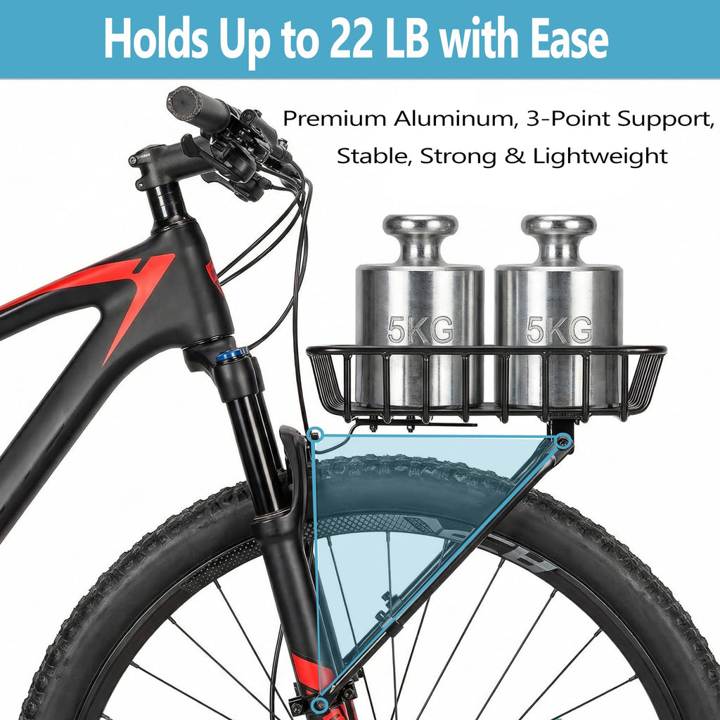 Bike Front Rack - Front Bicycle Cargo Rack with Support Struts & Adjustable Straps - Aluminium Front Cargo Pizza Rack, Stable & No Rattle, Universal Fit for Mountain, Gravel & Touring Bikes