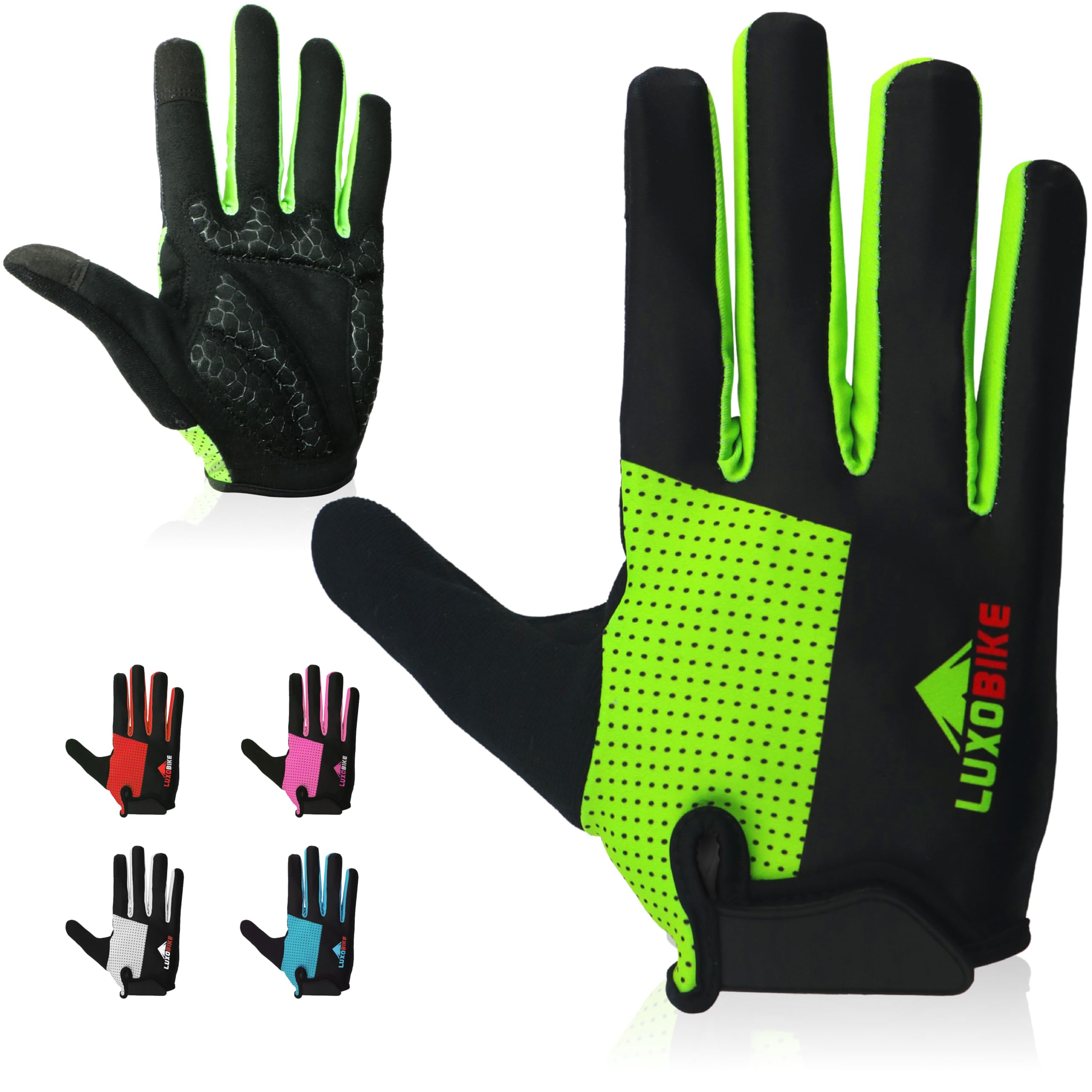 LuxoBike Bike Gloves for Men Women with Anti-Slip Shock-Absorbing Riding Pad, Light Weight Full Finger Cycling Gloves Touch Screen Breathable Mountain Biking Road Bicycle